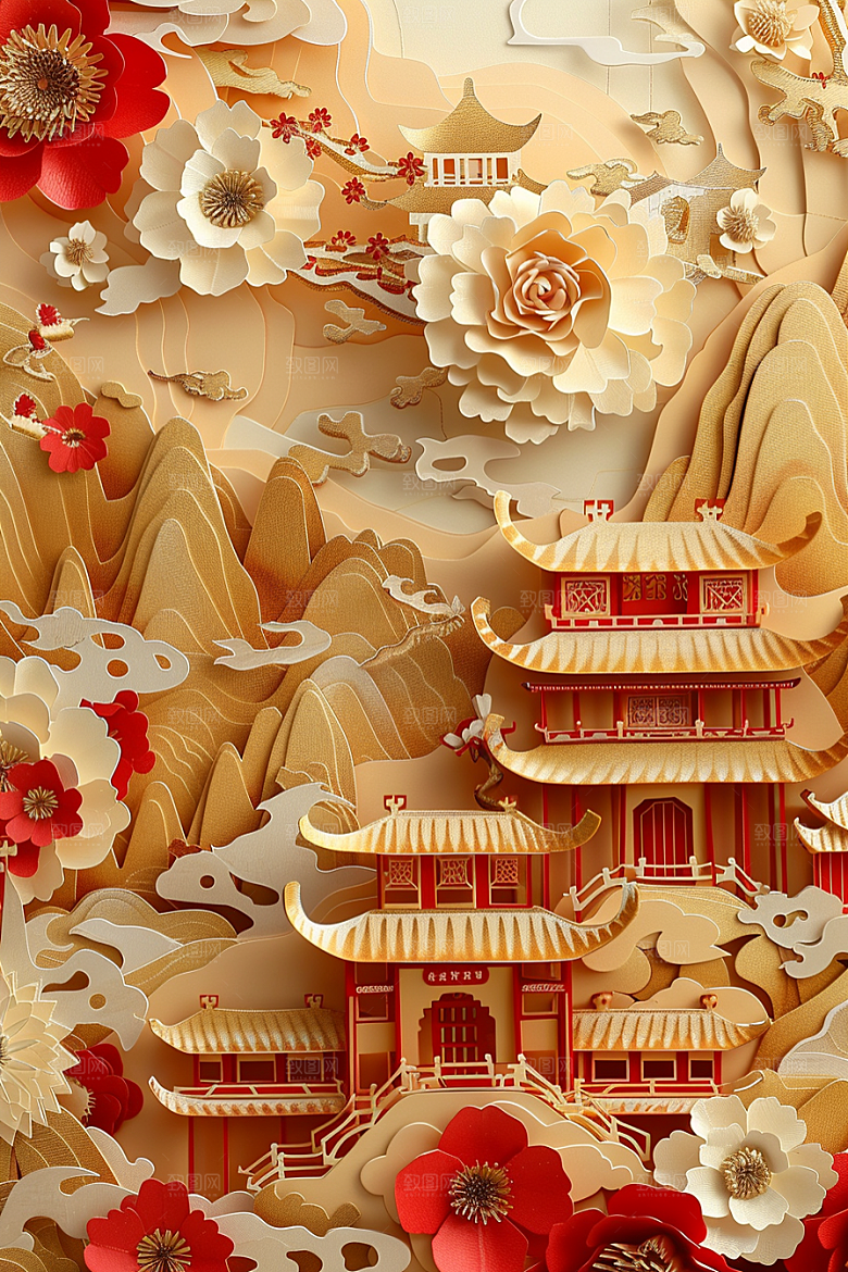 中式山水中国风国潮剪纸