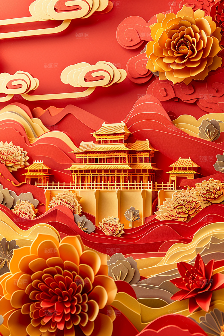 中式山水亭台楼阁国潮剪纸