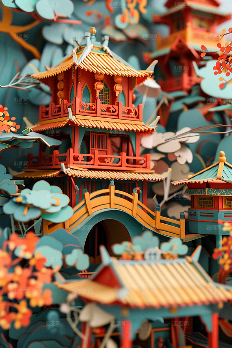 中式山水3D大气剪纸
