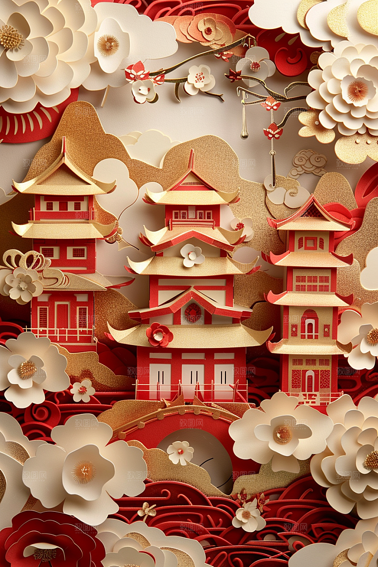 中式山水立体精致剪纸