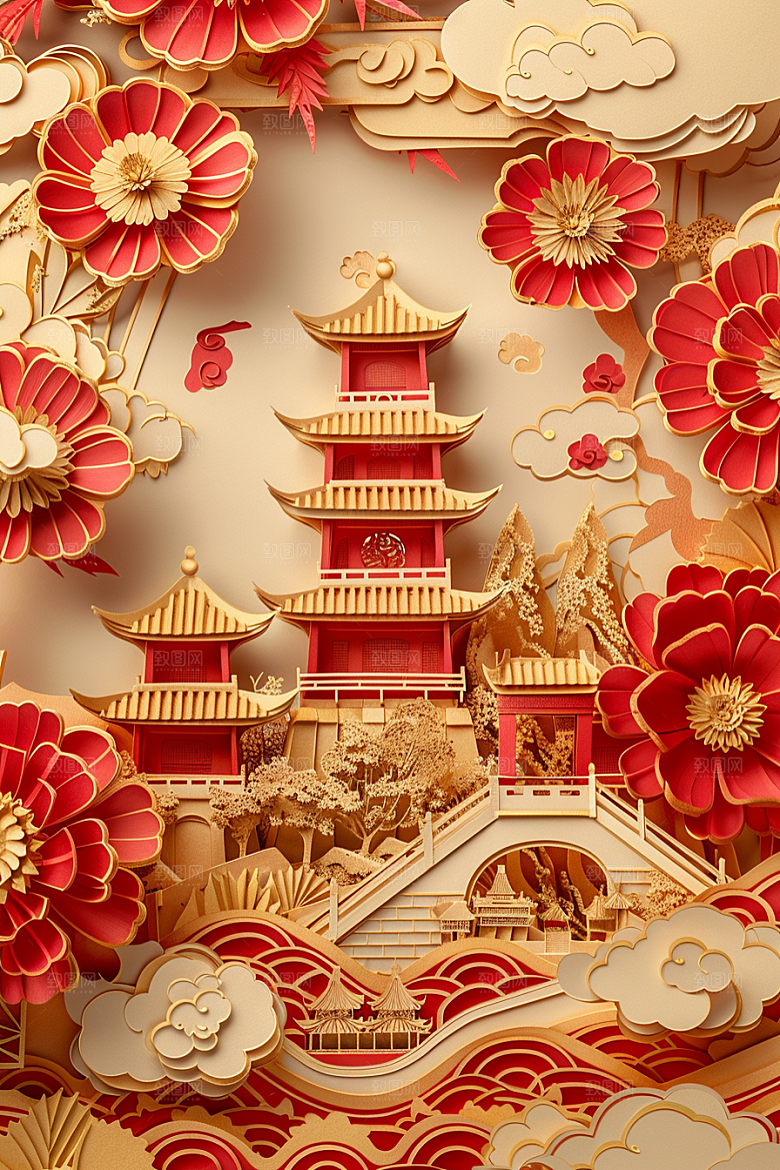 中式山水层次感亭台楼阁剪纸