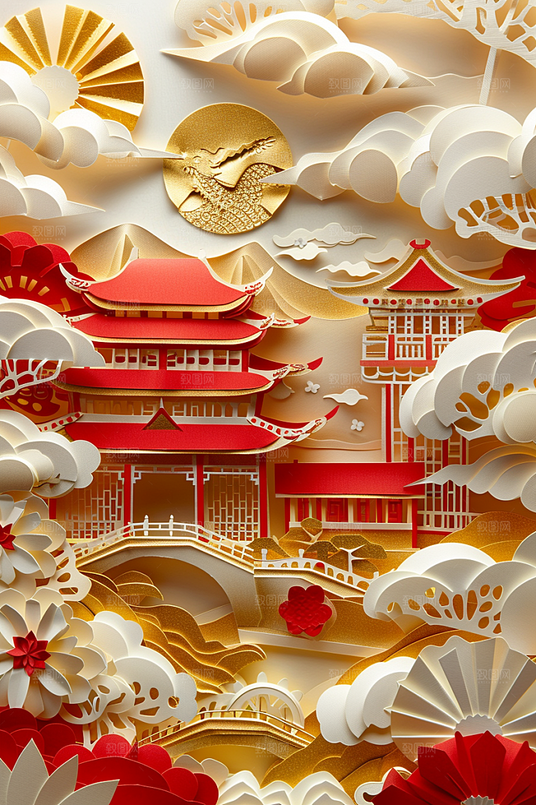 中式山水彩色3D剪纸