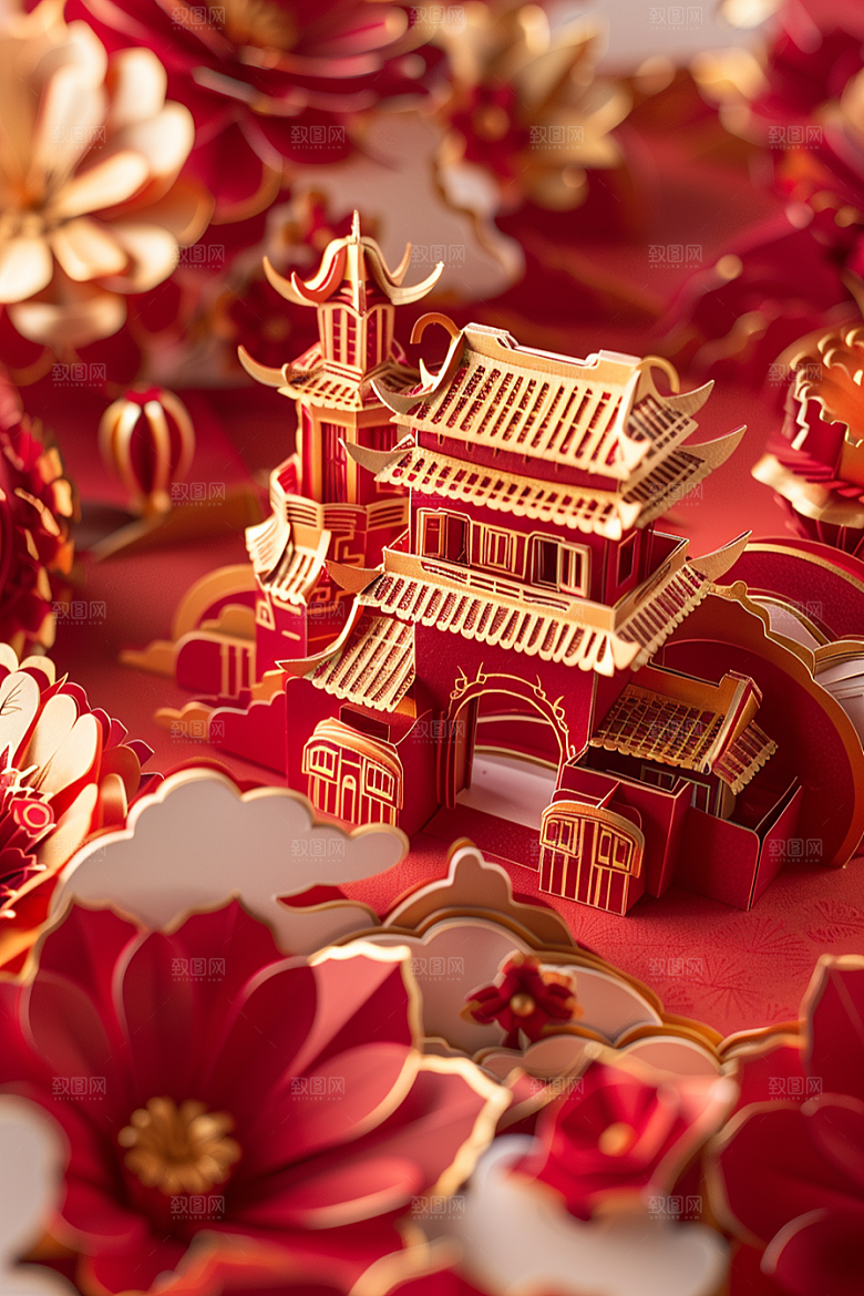 中式山水唯美立体剪纸