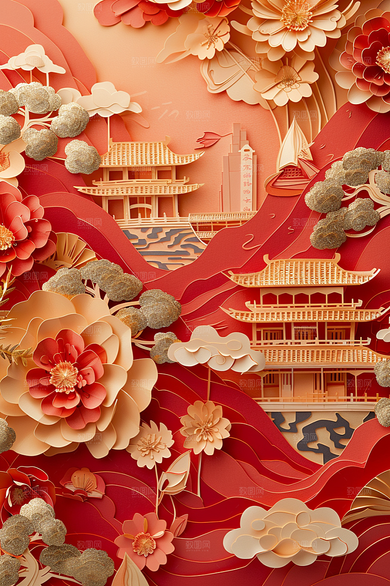 中式山水彩色亭台楼阁剪纸