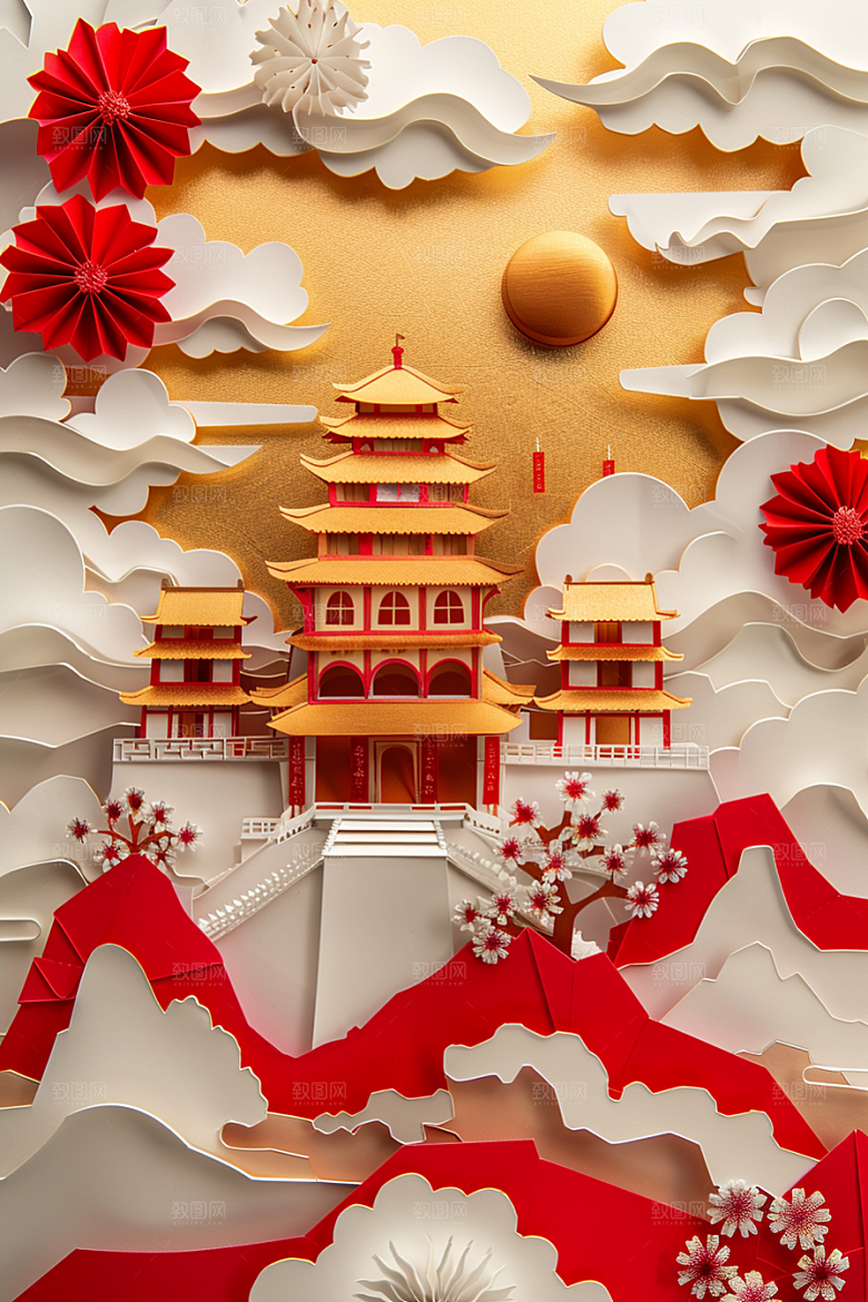 中式山水立体唯美剪纸