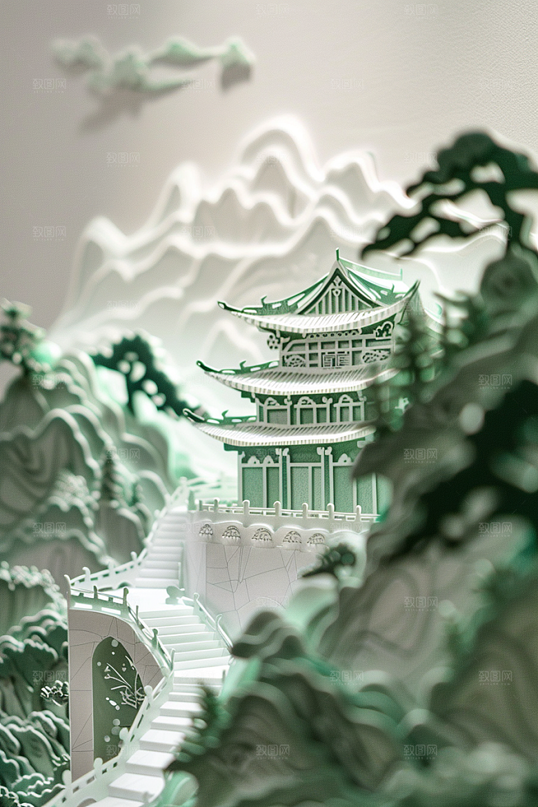 中式山水风光精致剪纸
