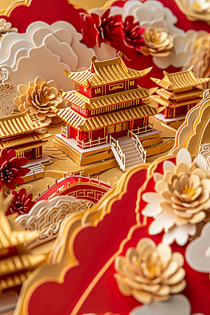 中式山水艺术亭台楼阁剪纸