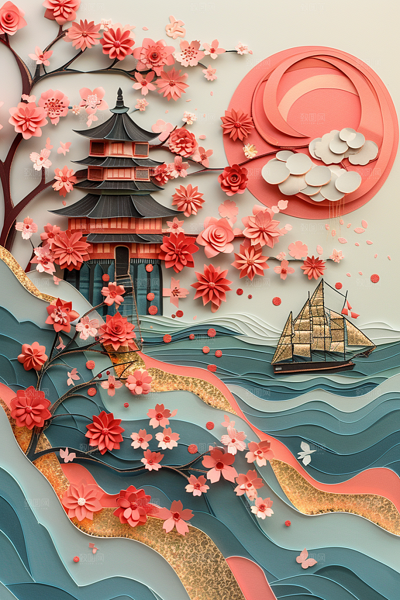 中式山水3D彩色剪纸