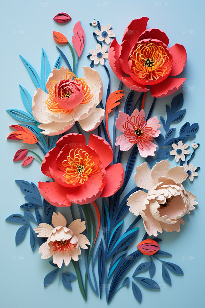 剪纸风花卉清新彩色装饰画