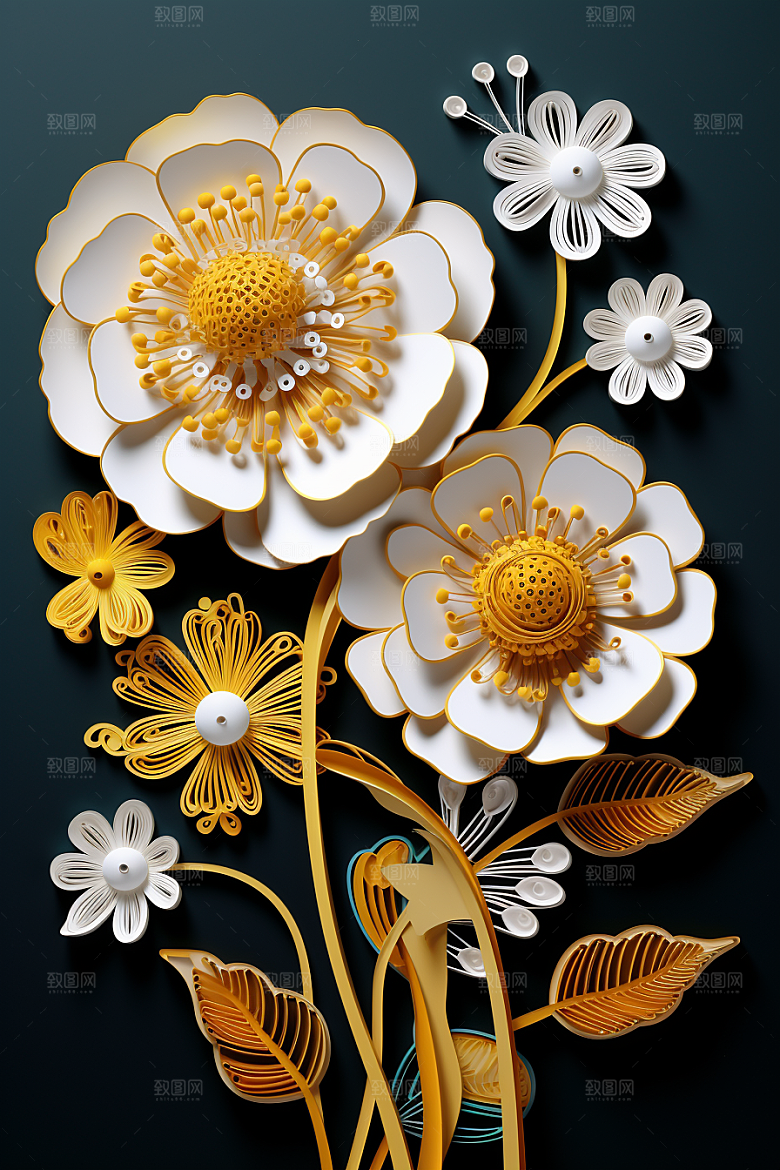 剪纸风花卉精致彩色装饰画