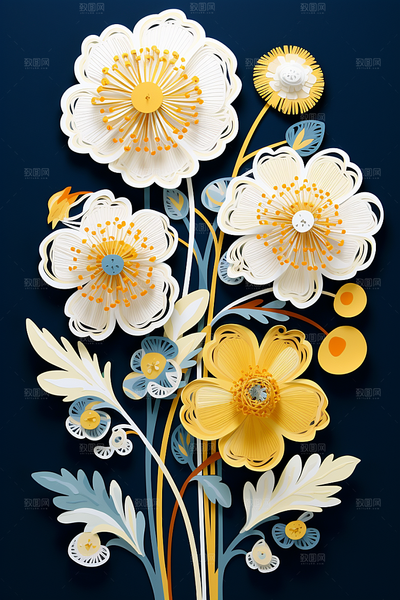 剪纸风花卉植物高清装饰画