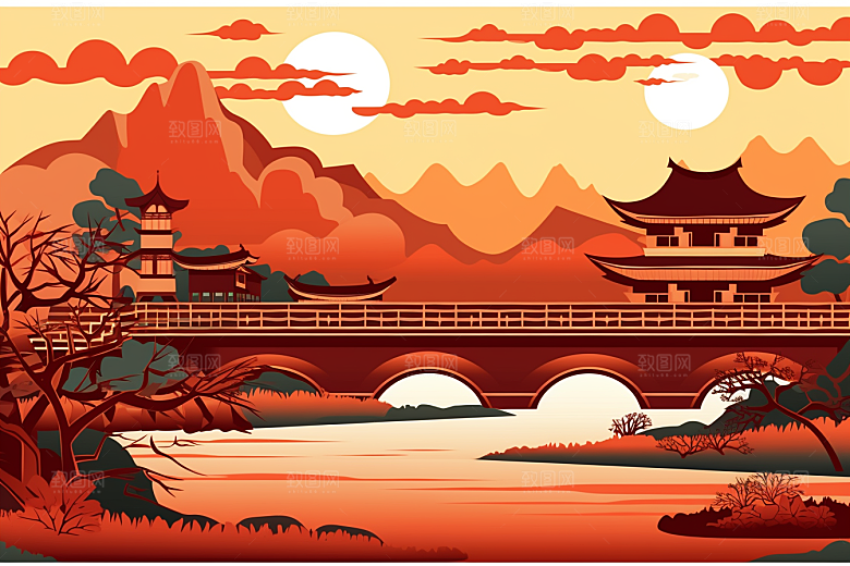中国风建筑山水层次感剪纸