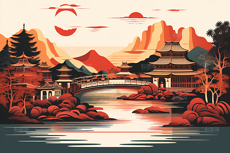 中国风建筑国潮山水剪纸