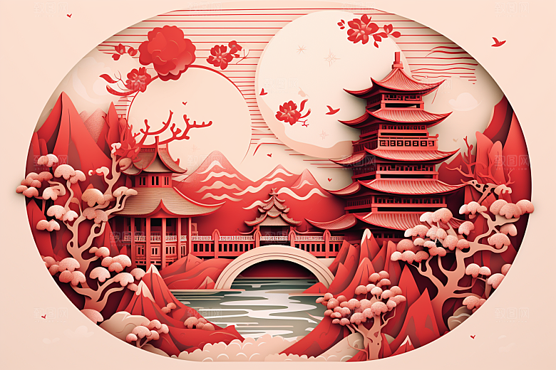 中国风建筑古建筑国潮剪纸