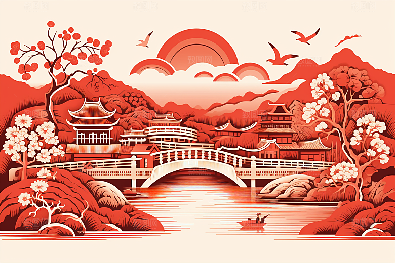 中国风建筑文化亭台楼阁剪纸
