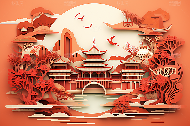 中国风建筑层次感亭台楼阁剪纸