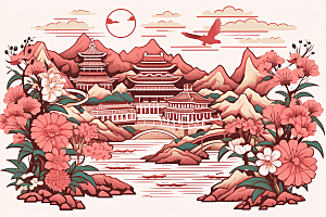 中国风建筑文化国潮剪纸