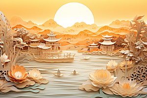 中国风建筑山水中式剪纸
