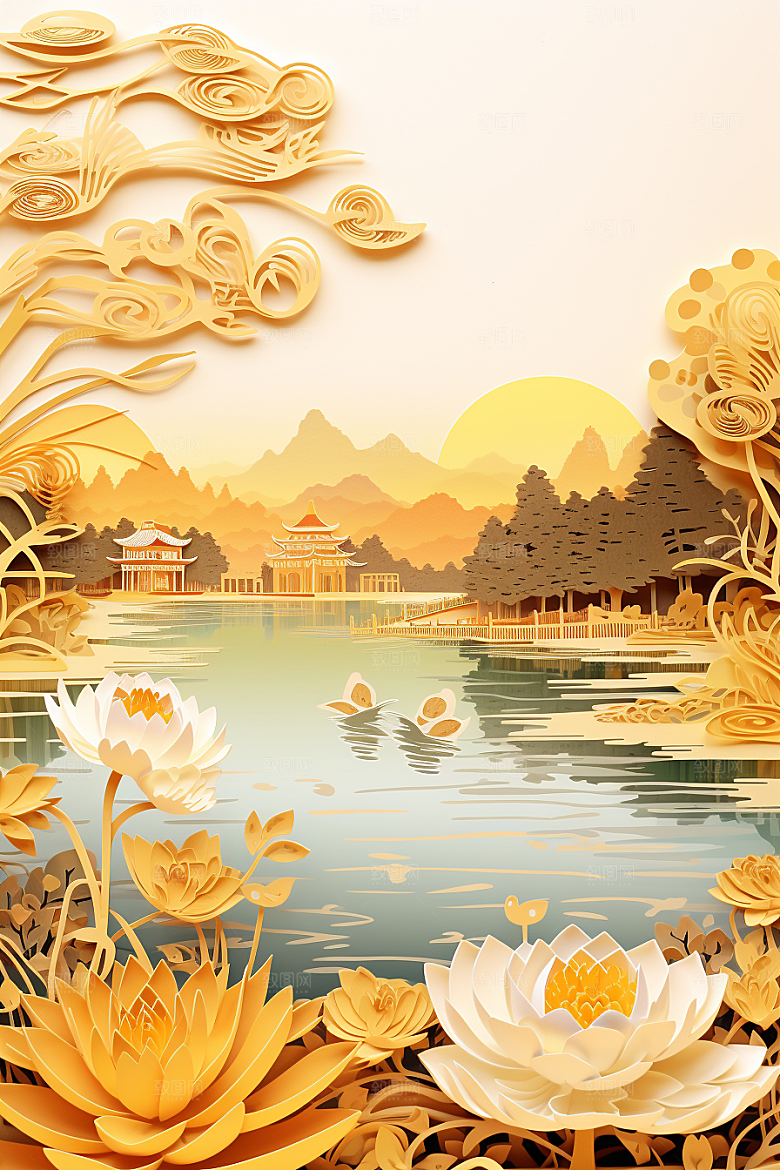 中国风建筑山水亭台楼阁剪纸