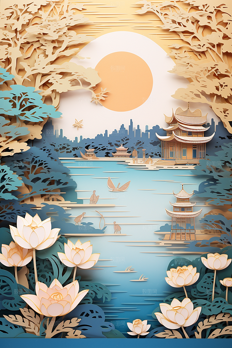 中国风建筑层次感中式剪纸
