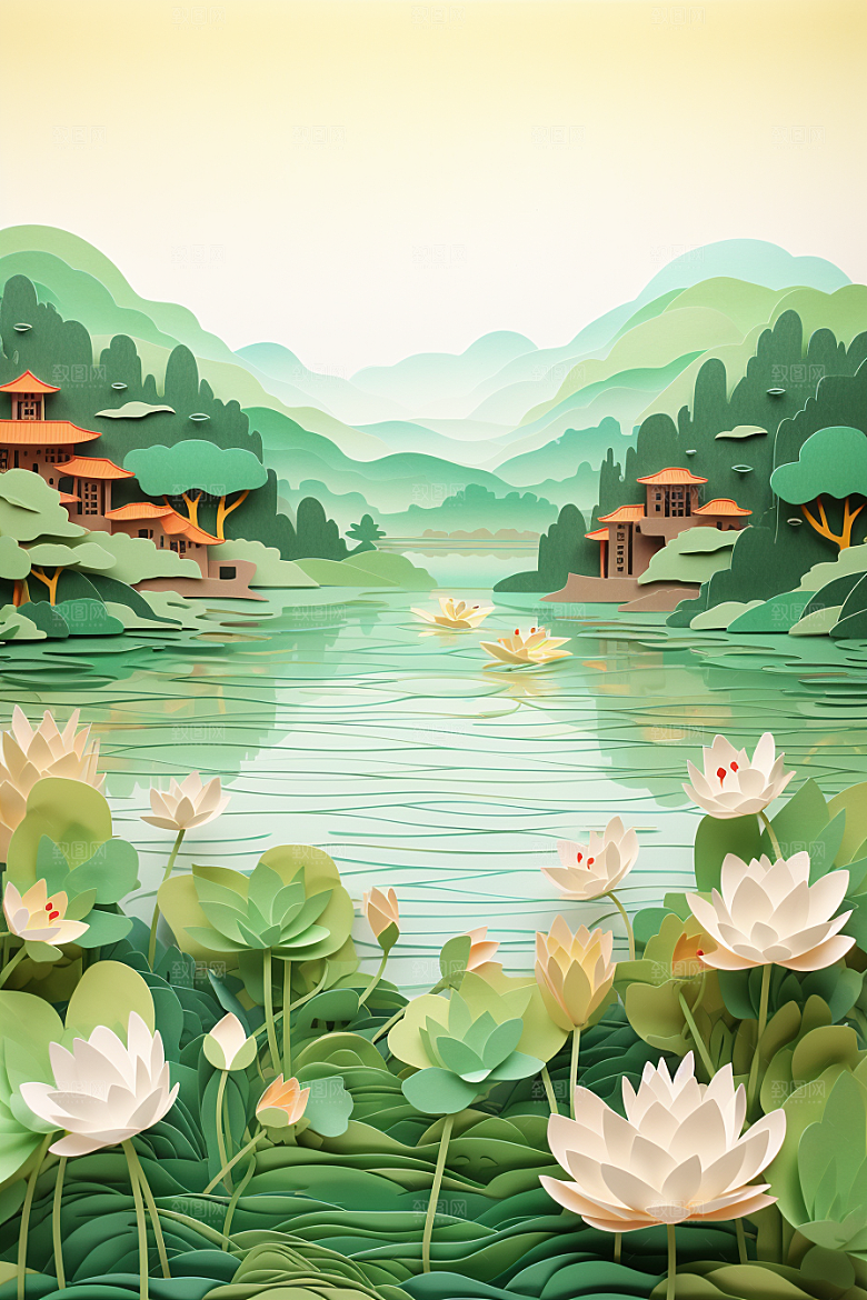 中国风建筑层次感山水剪纸