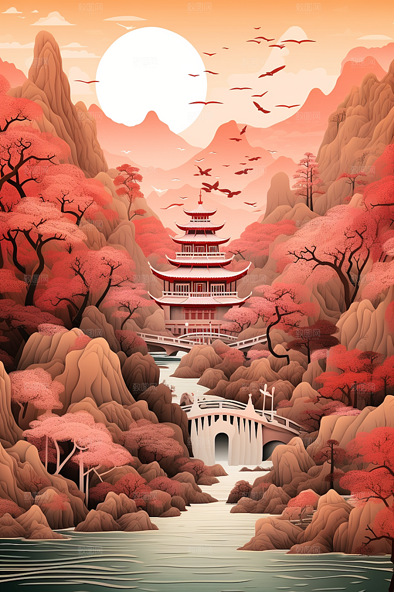 中国风建筑文化古建筑剪纸