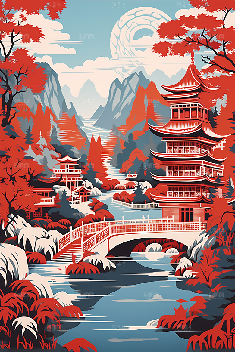 中国风建筑传统风格山水剪纸