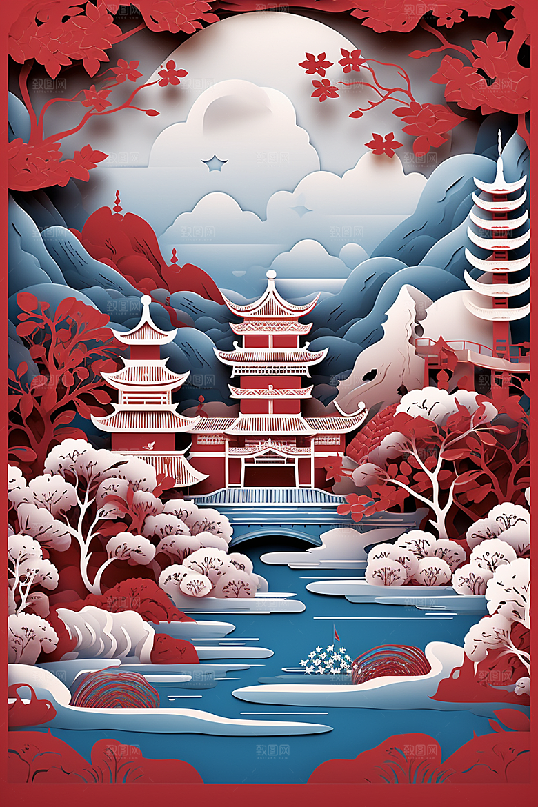 中国风建筑山水亭台楼阁剪纸