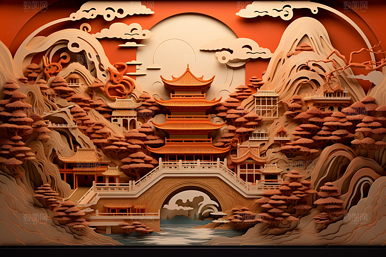 中国风建筑中式层次感剪纸