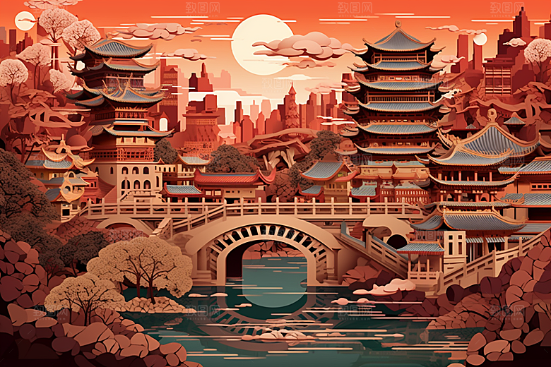 中国风建筑山水亭台楼阁剪纸