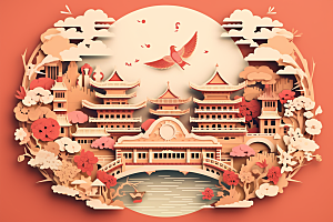 中国风建筑传统风格亭台楼阁剪纸