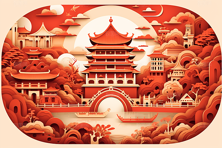 中国风建筑文化层次感剪纸