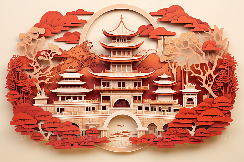 中国风建筑山水层次感剪纸