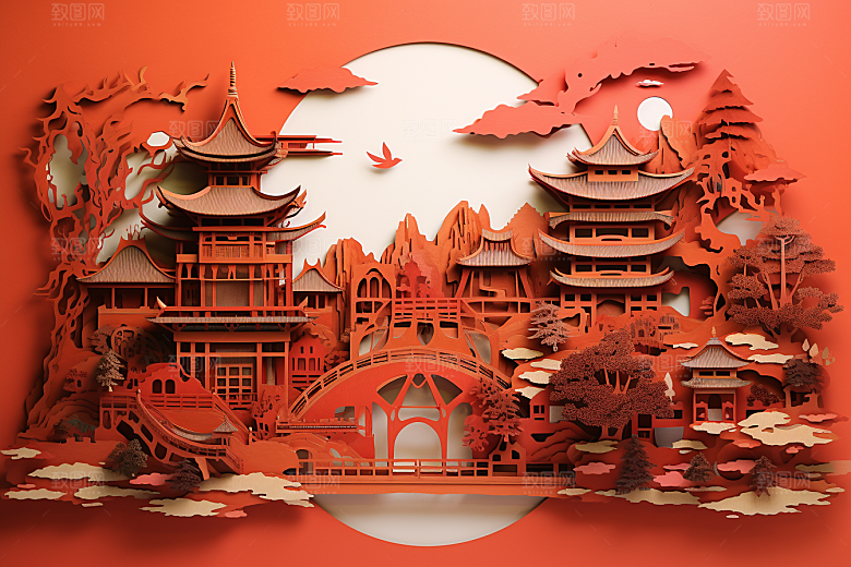 中国风建筑国潮中式剪纸