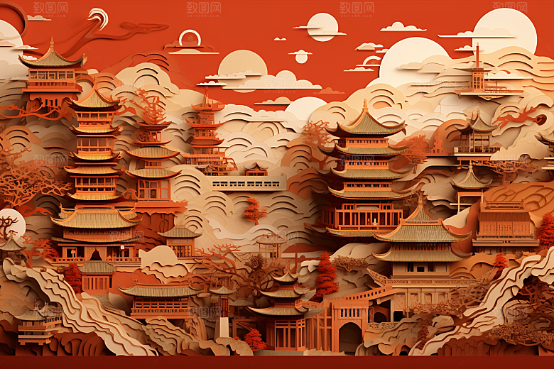 中国风建筑山水国潮剪纸
