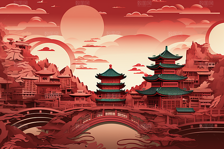 中国风建筑层次感文化剪纸