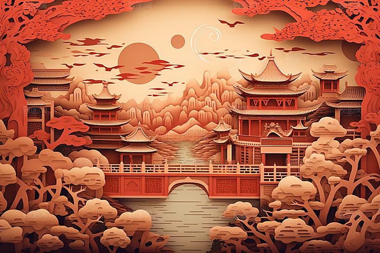 中国风建筑古建筑中式剪纸