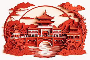中国风建筑传统风格国潮剪纸