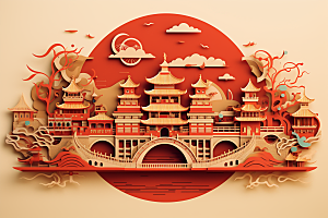 中国风建筑传统风格古建筑剪纸