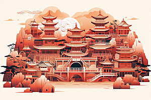 中国风建筑古建筑亭台楼阁剪纸