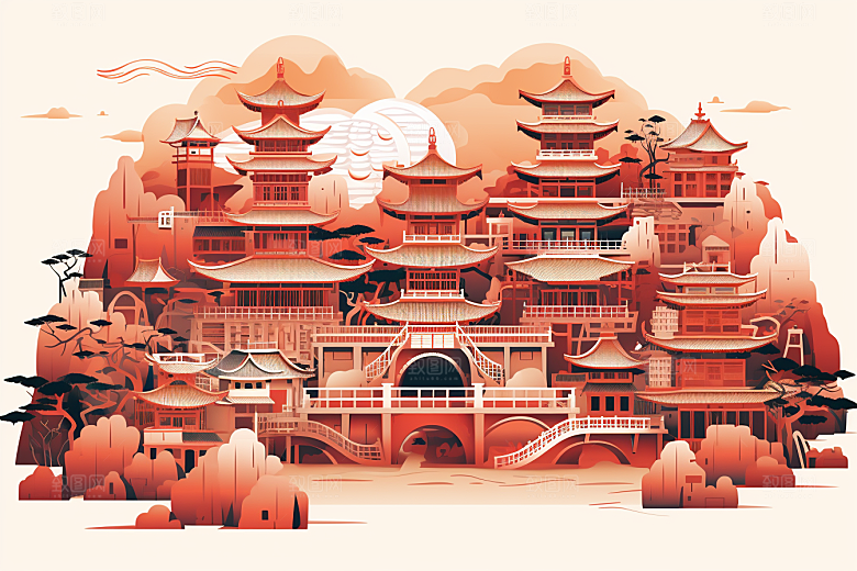 中国风建筑古建筑亭台楼阁剪纸