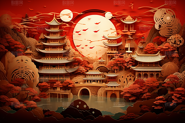 中国风建筑中式古建筑剪纸