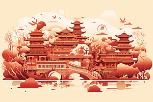 中国风建筑古建筑山水剪纸