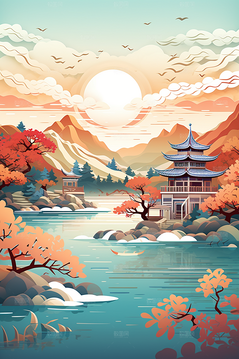 中国风建筑传统风格山水剪纸