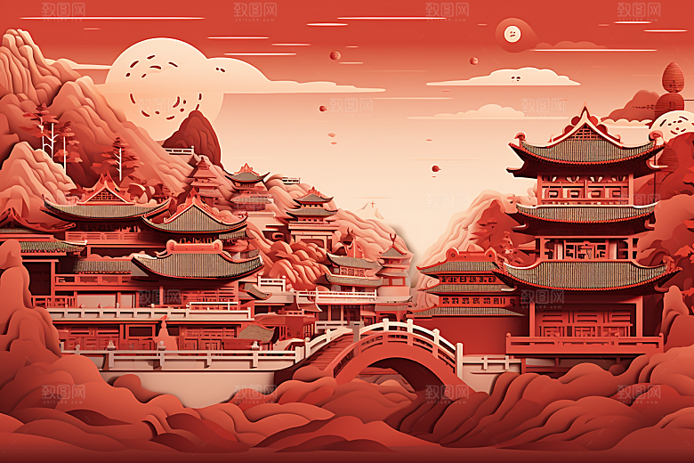 中国风建筑国潮传统风格剪纸