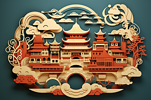 中国风建筑传统风格山水剪纸