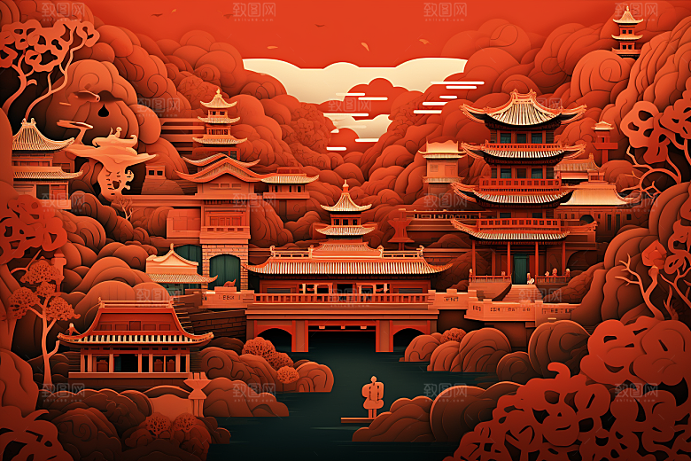 中国风建筑层次感文化剪纸