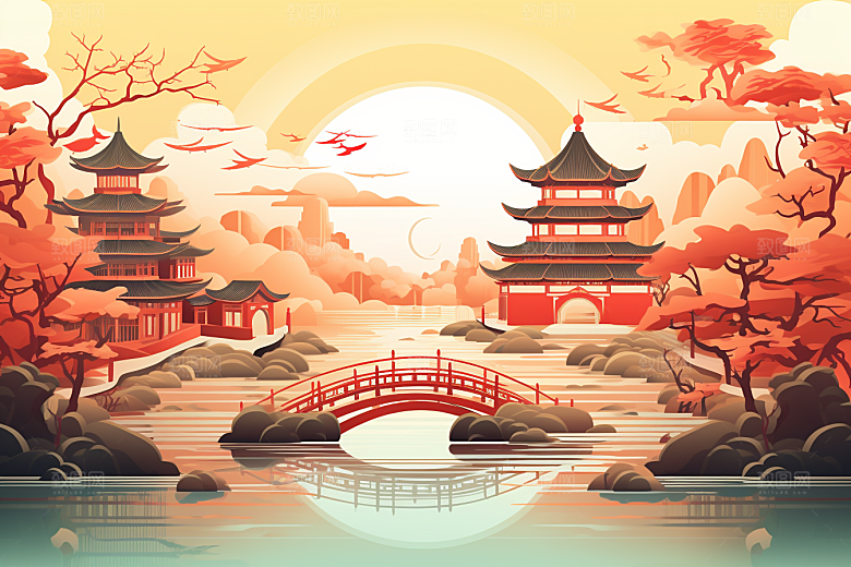 中国风建筑山水层次感剪纸