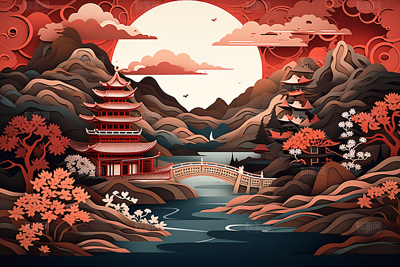 中国风建筑山水亭台楼阁剪纸