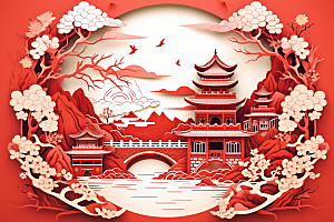中国风建筑文化传统风格剪纸